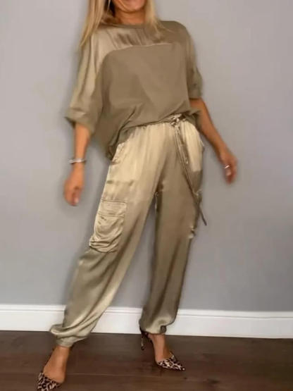 Smooth Satin Half-sleeved Top and Pant Suit Two-Piece