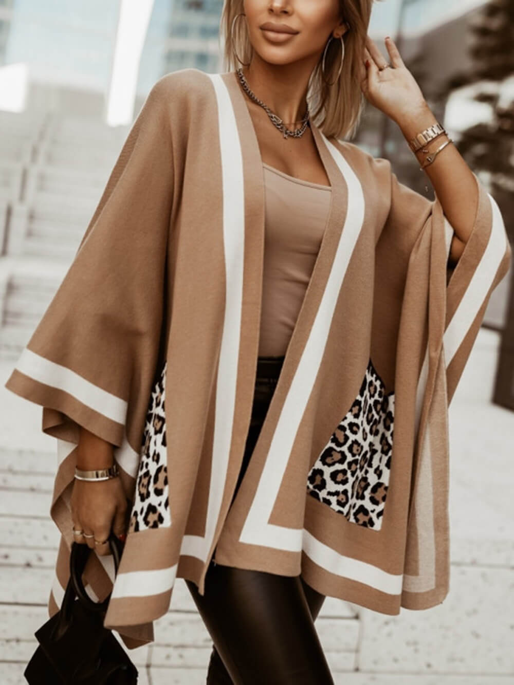 Unique Color Block Leopard Pocket Oversized Cape Sweater Cardigan