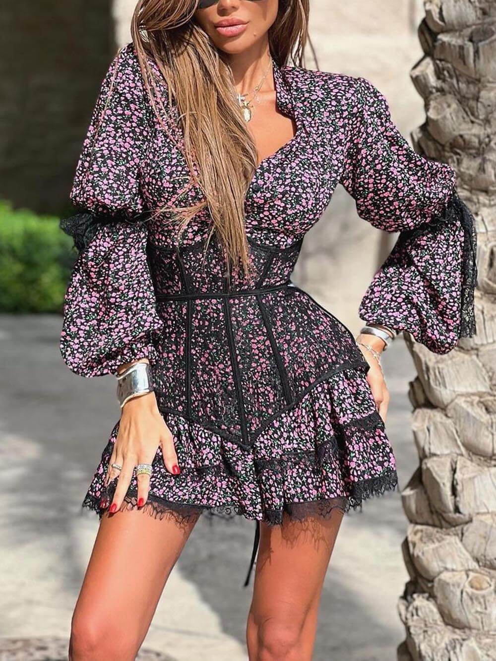 Sweet Floral Print Waisted Long Sleeve Lace Mini Dress