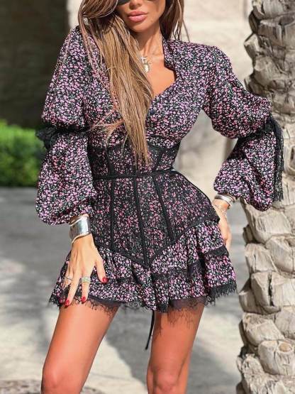 Sweet Floral Print Waisted Long Sleeve Lace Mini Dress