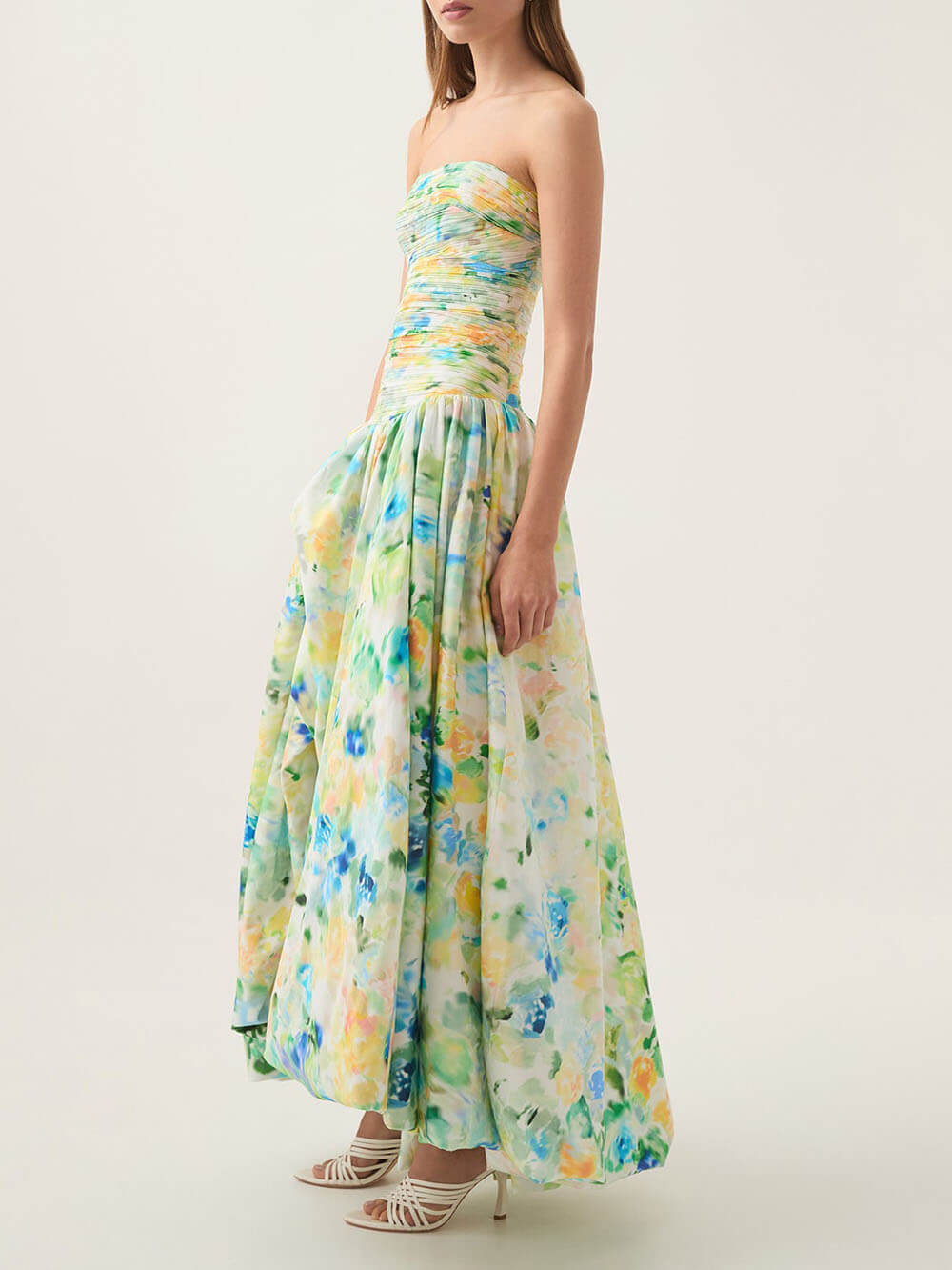 Elegant Tube Top Violette Printed Bubble Hem Maxi Dress