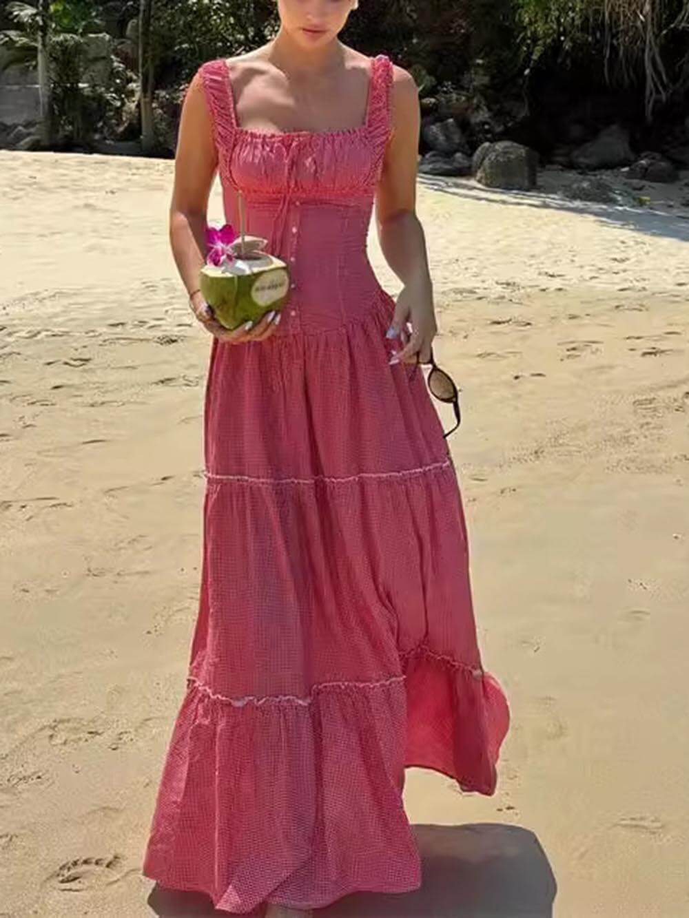 Vintage French Check Print Suspenders Drawstring Pleated Ruffle Maxi Dress