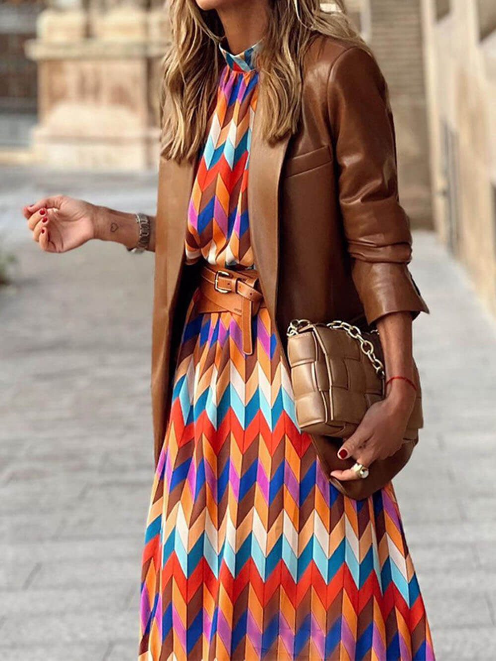 Fashionable And Unique Rainbow Print Stand Collar Long Sleeve Midi Dress