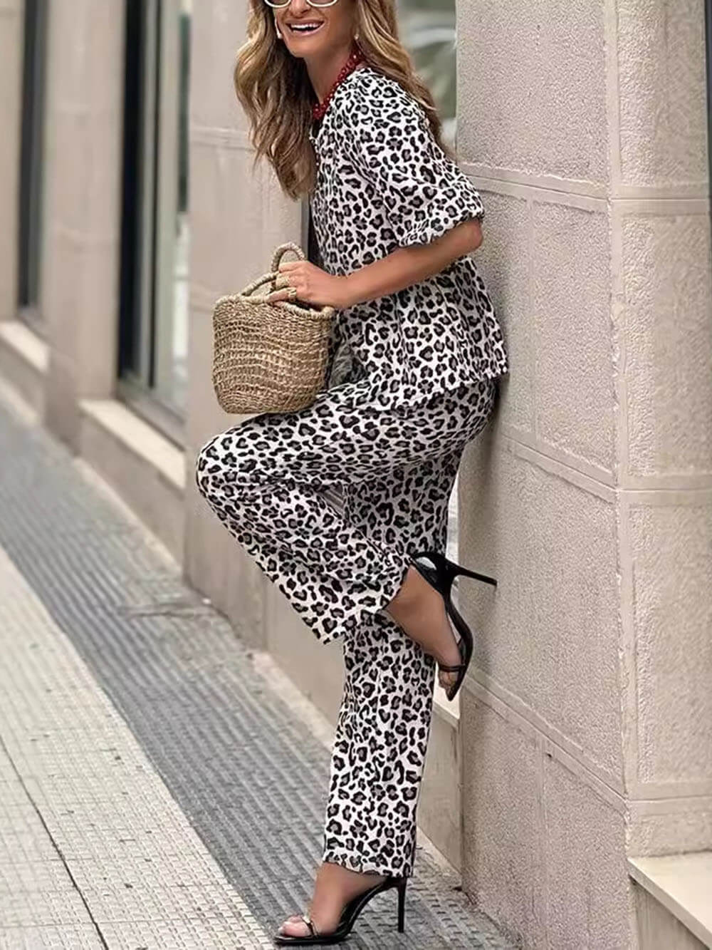 Casual Leopard Print Top And Pants Set