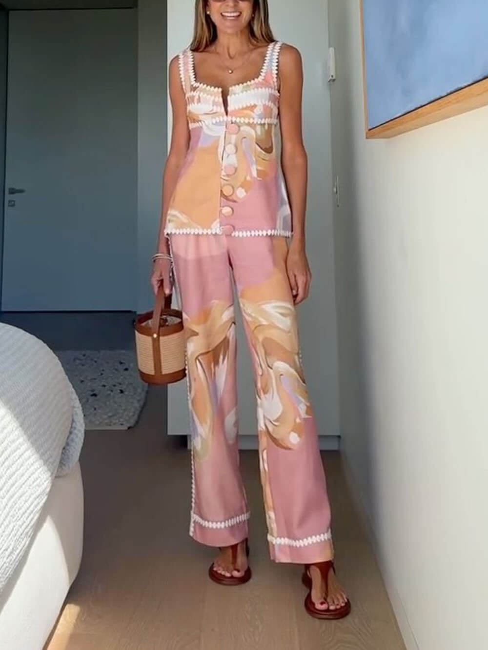 Summer Linen Blend Flowers Trims Unique Print Button Tank