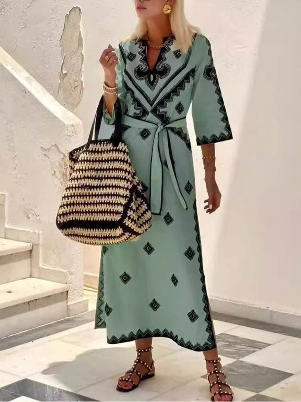 Bohemian Style Unique Print Belted Midi Dress