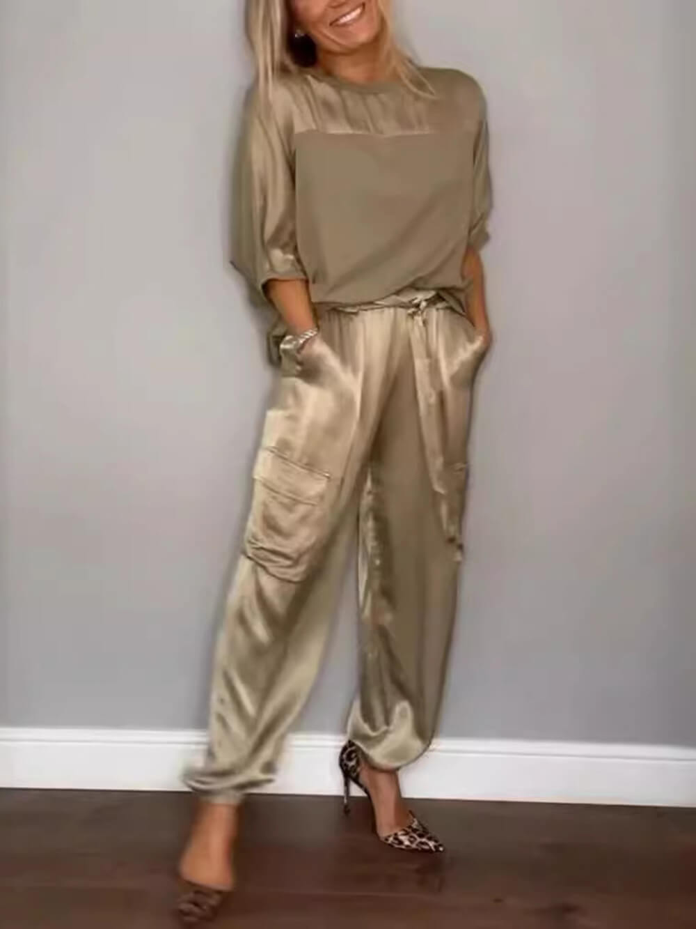 Smooth Satin Half-sleeved Top and Pant Suit Two-Piece