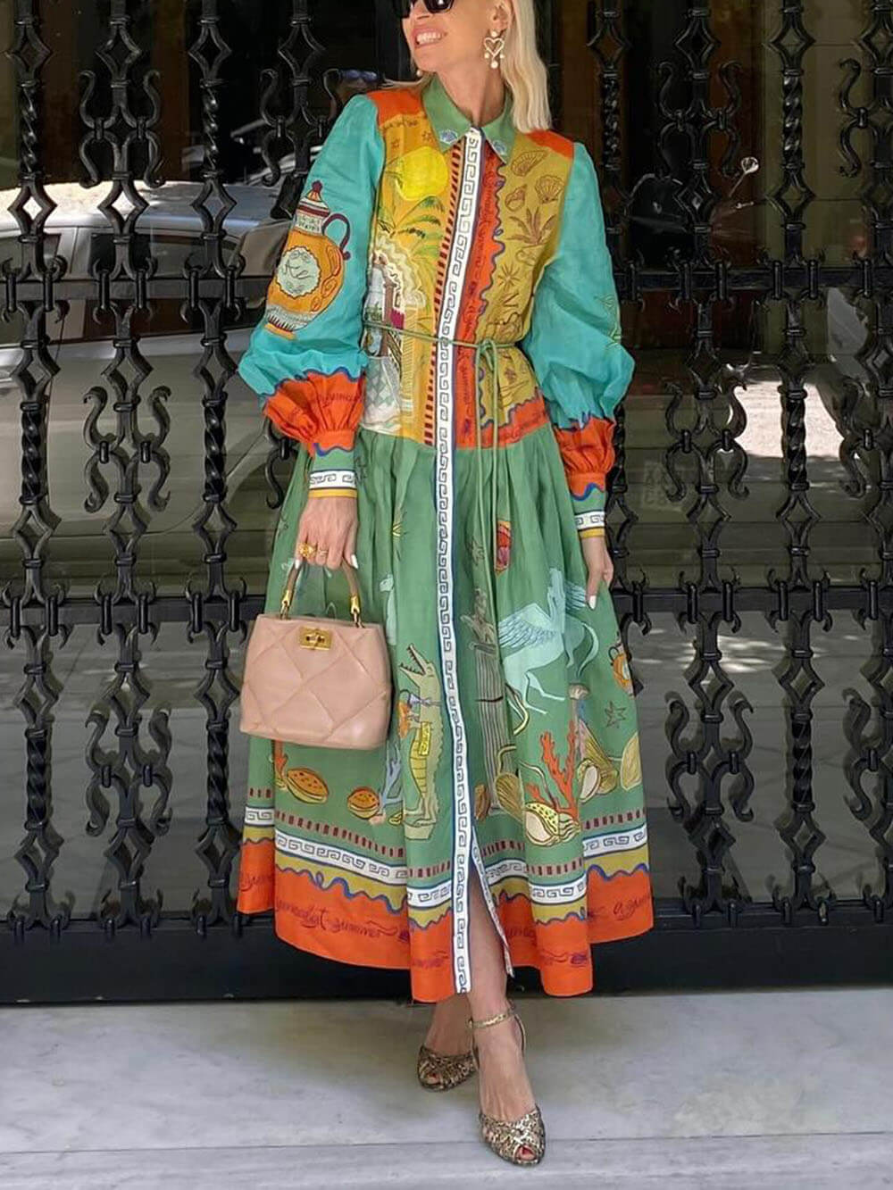 Unique Linen Ocean Animal Print Cardigan Belted Maxi Dress