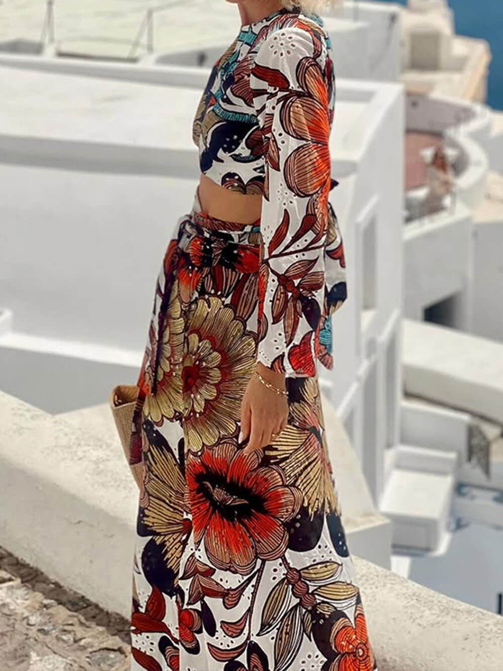 Unique Colorful Print Navel-Baring Lace-Up Maxi Dress