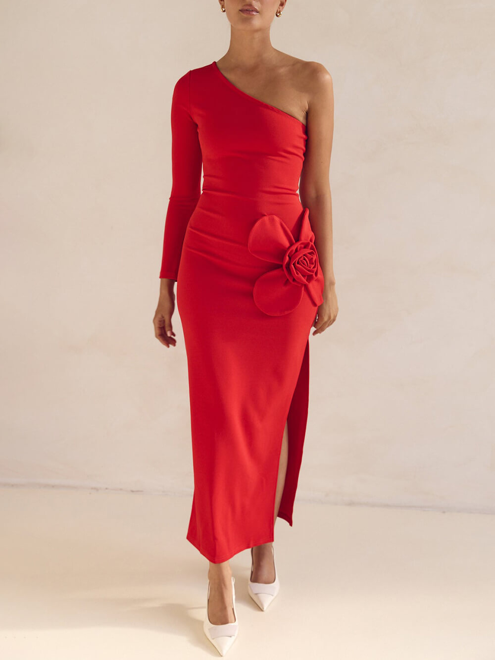 Exquisite One-Shoulder Neckline Flower Decoration Side Slit Prom Maxi Dress