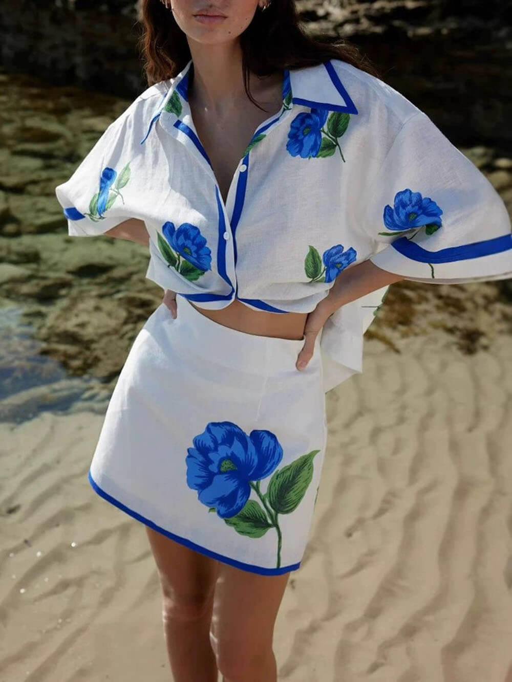 Casual Linen Floral Print Lining Hip-Hugging Mini Skirt Set