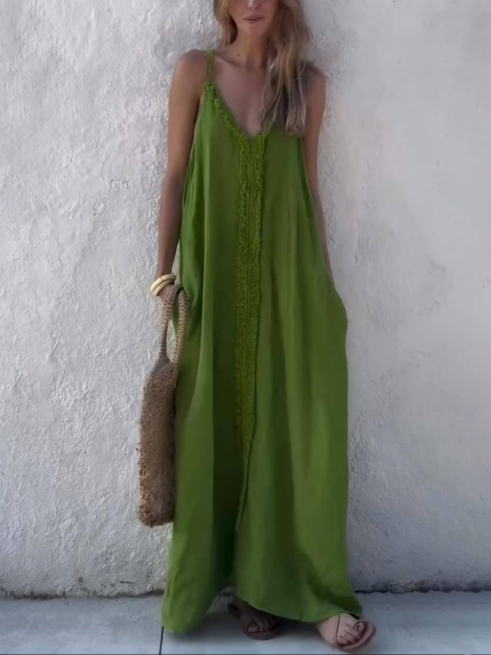 Modern Unique Lace Decoration V-Neck Suspender Maxi Dress