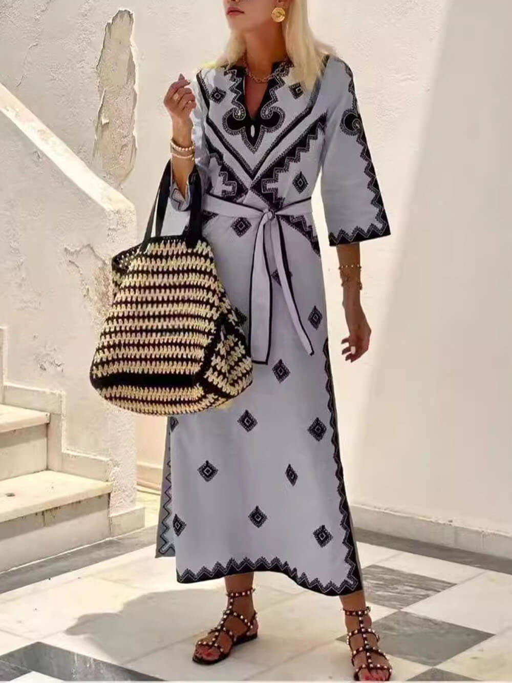 Bohemian Style Unique Print Belted Midi Dress