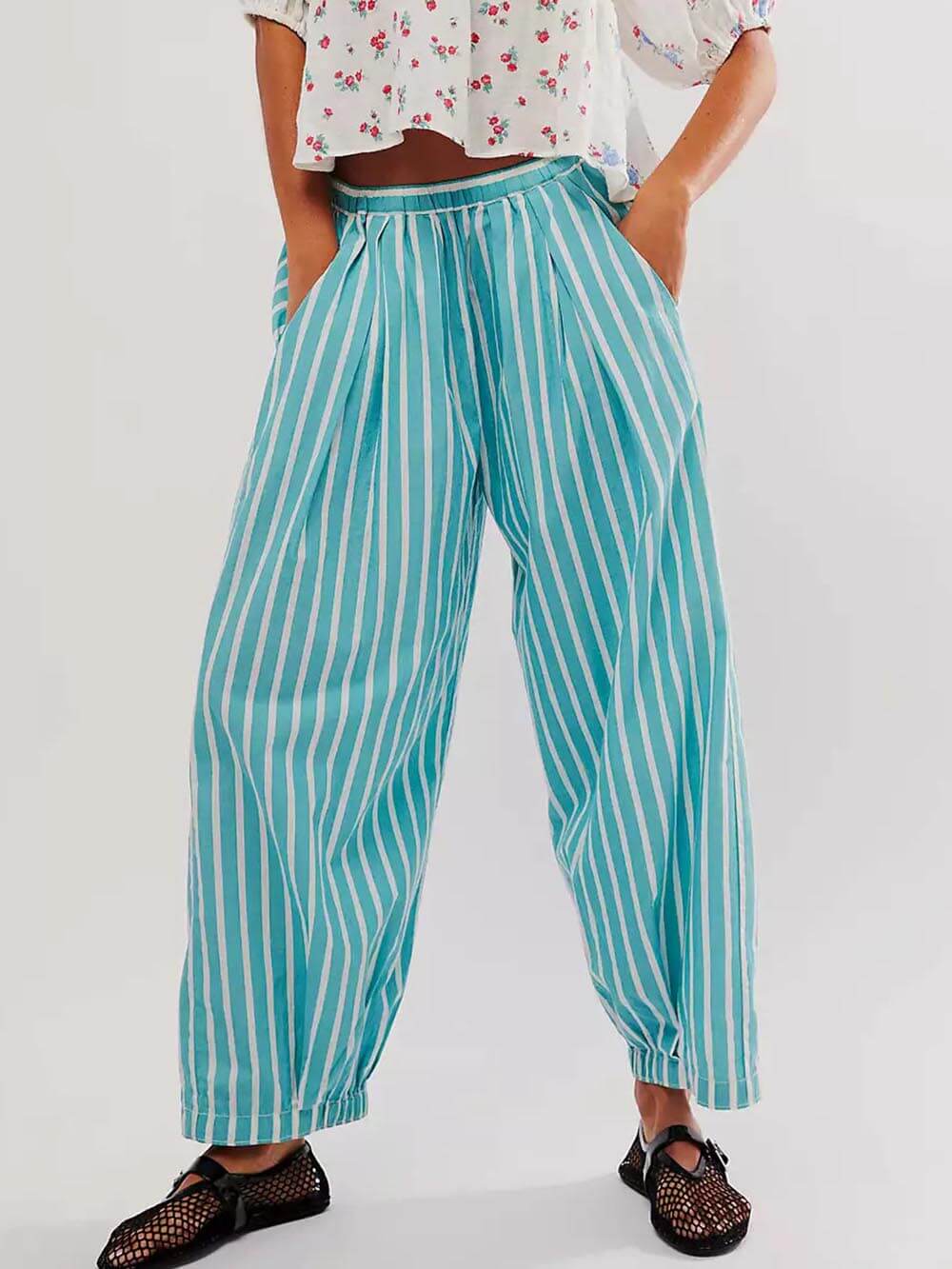Classic Stripe Print Elastic Cuff Carrot Pants