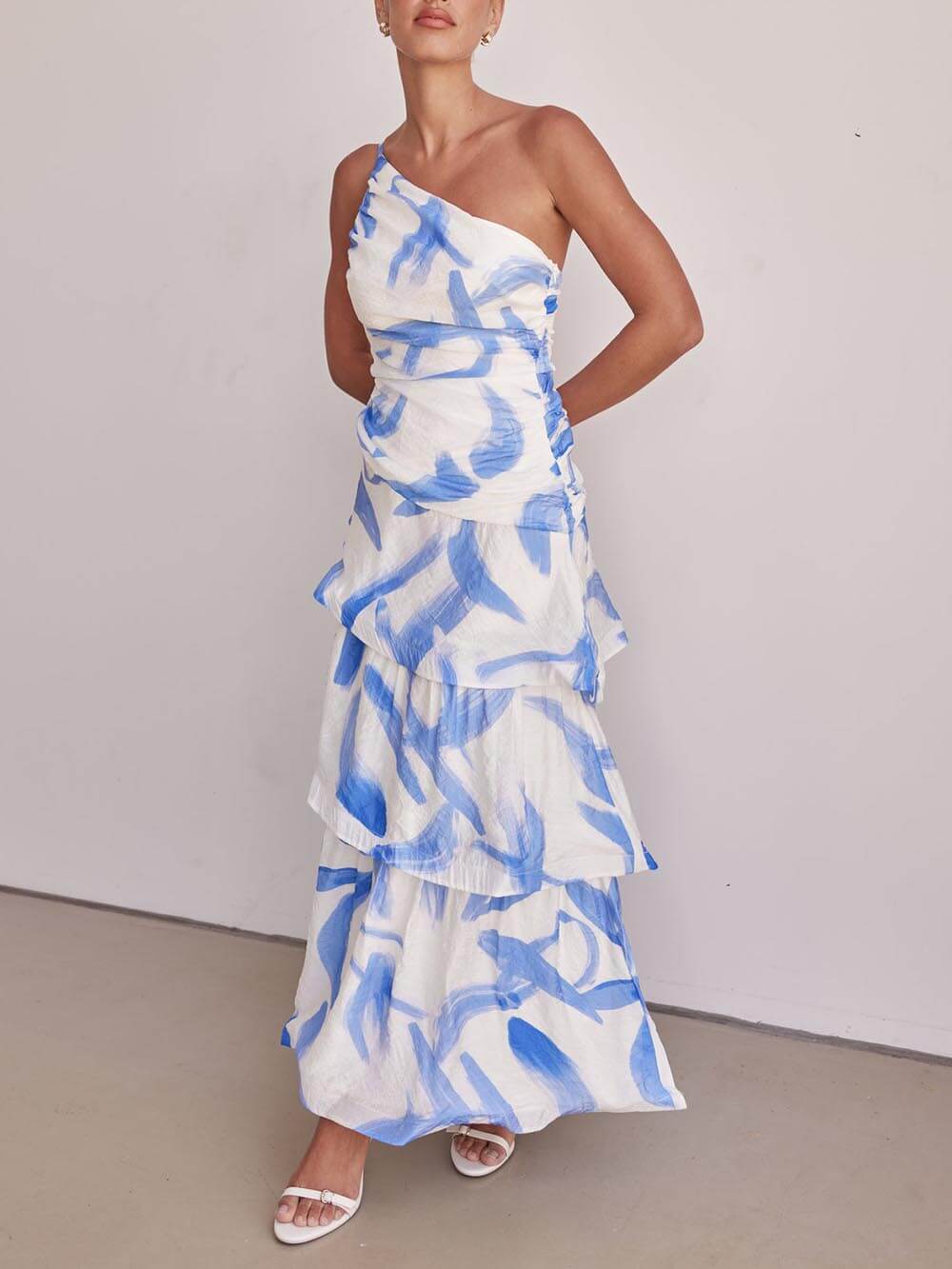 Unique Pleated Asymmetric Neckline Print Maxi Dress