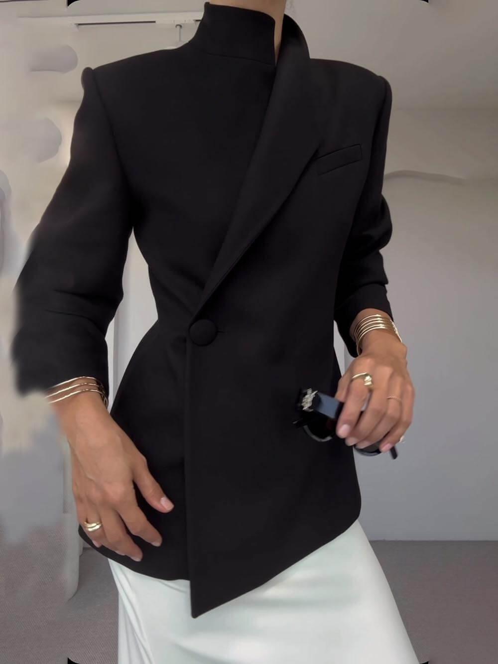 Classic Fashionable Leader One Button Stand Collar Long Sleeve Blazer Jacket