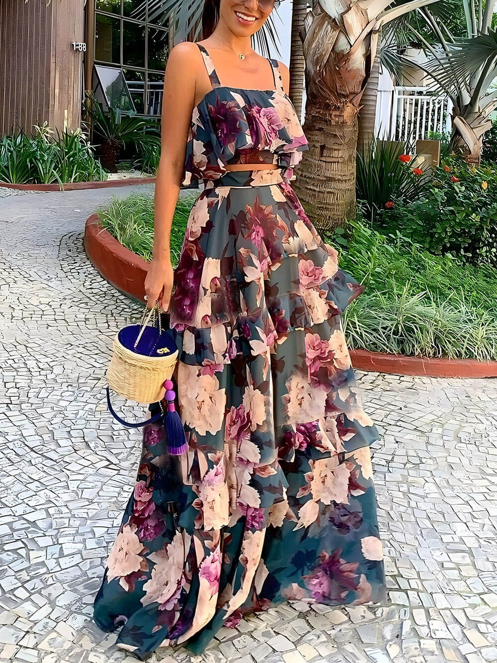 Elegant Classic Floral Print Ruffled Camisole Top And Maxi Skirt Set