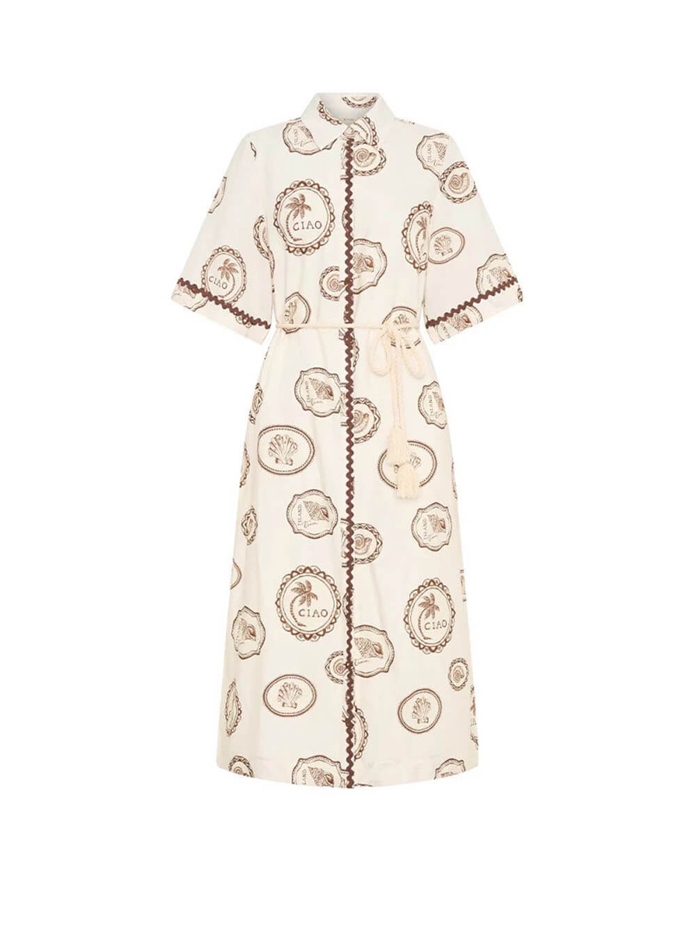 Modern Feel Linen Unique Ocean Print Cardigan Button Midi Dress