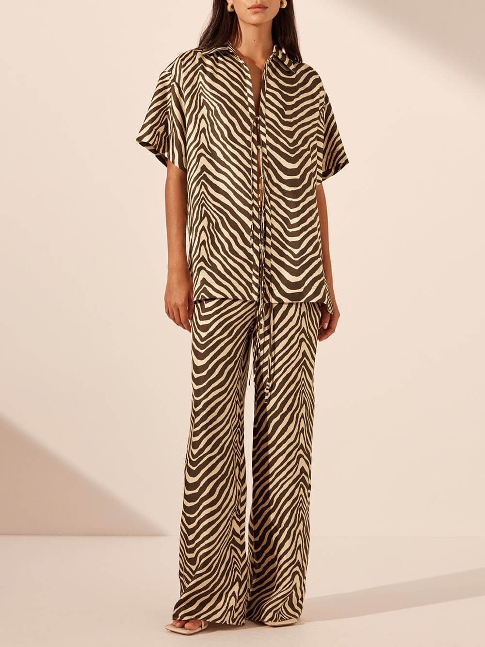 Exquisite Satin Unique Wave Pattern Print Drawstring Elastic Waist Wide Leg Pants