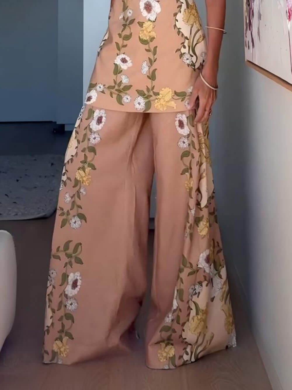 Chic Perfect Style Linen Blend Floral Elastic Waist Flare Pants