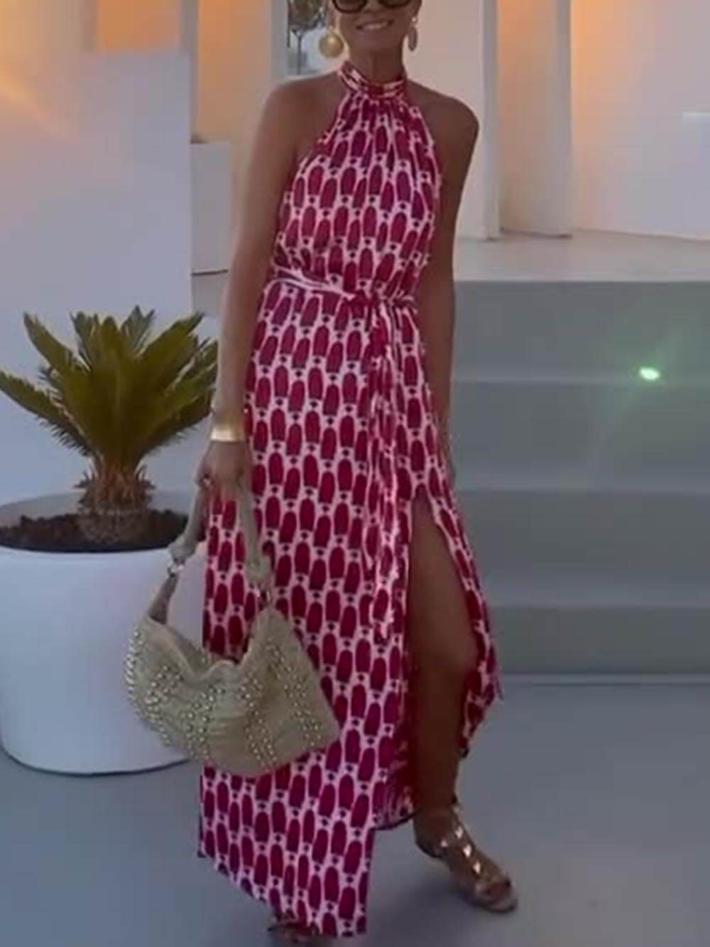 Sexy And Fashionable Printed Halter Neck Beach Slit Midi Dress