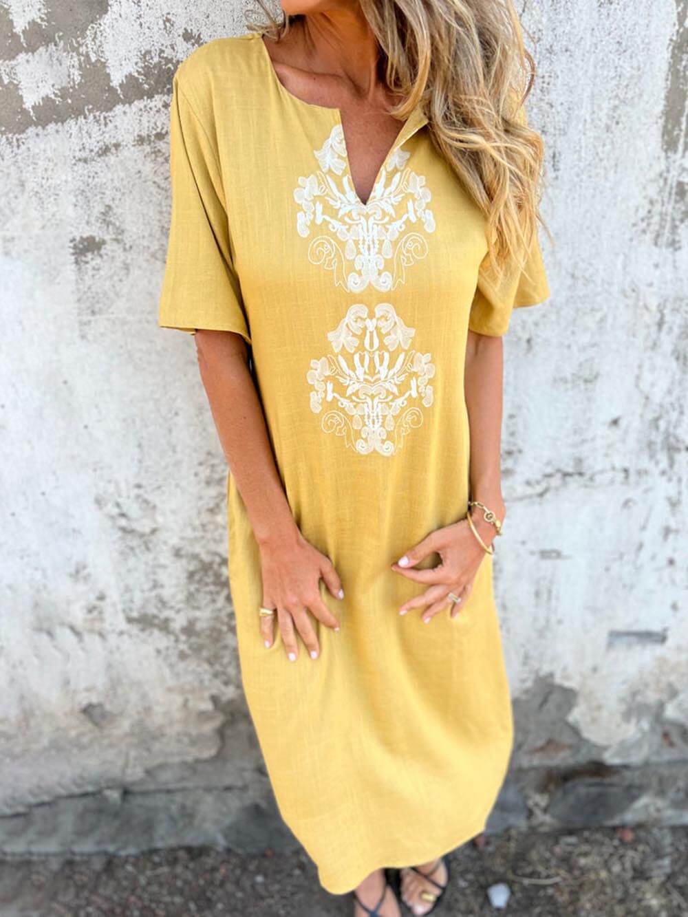 Bohemian Print Linen Loose Midi Dress