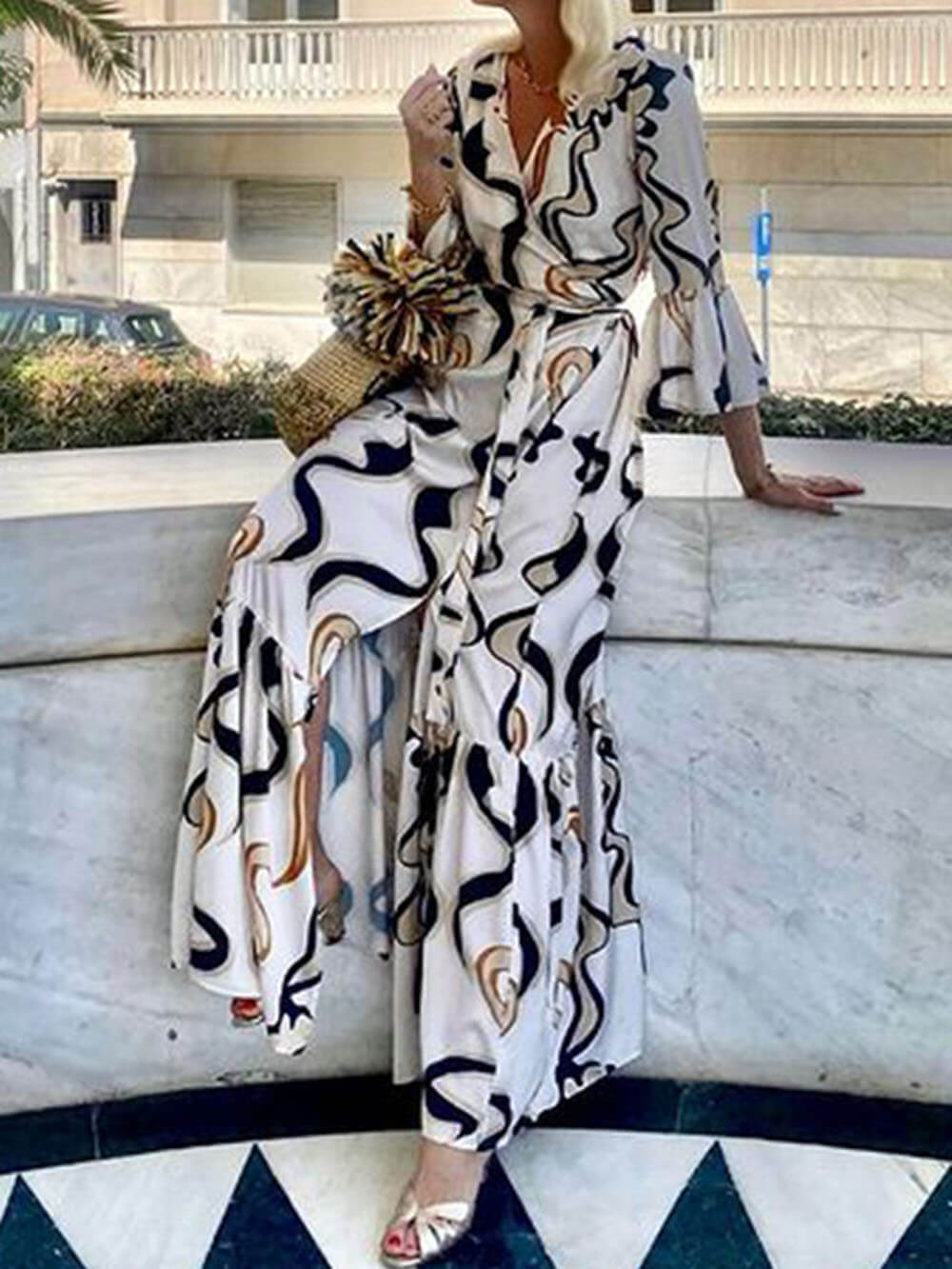 Bohemian Pattern Print Waist Tie Loose Maxi Dress