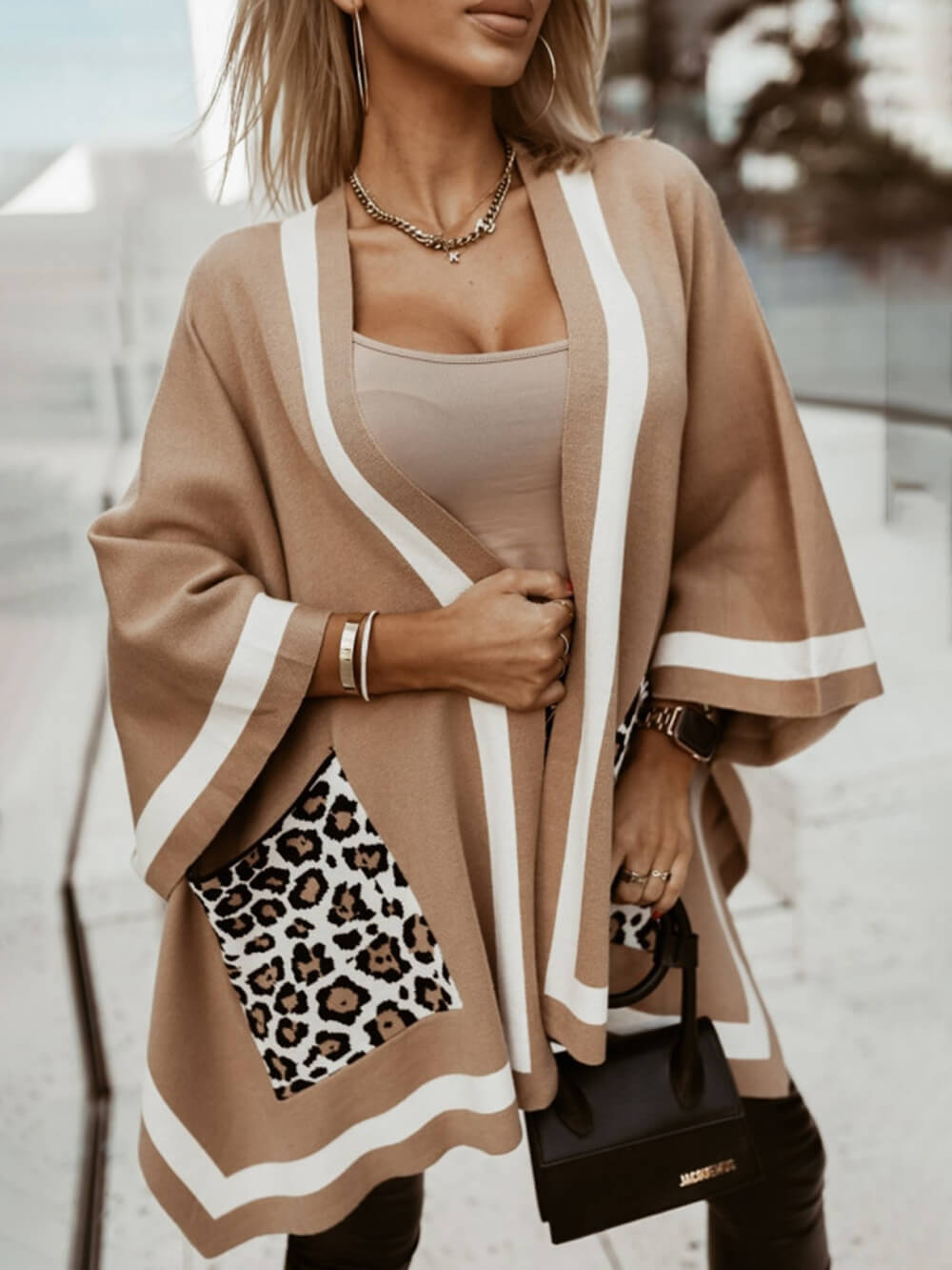 Unique Color Block Leopard Pocket Oversized Cape Sweater Cardigan