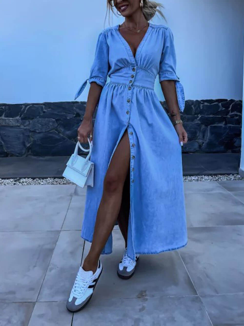 Unique Pleats Solid Color V-Neck Button-Down Denim Midi Dress