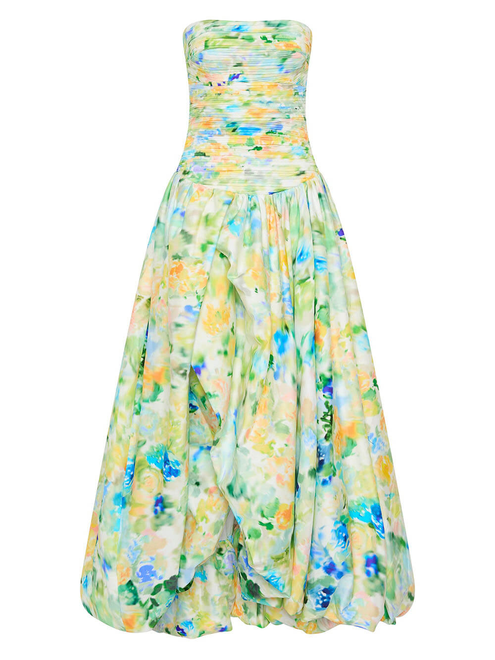 Elegant Tube Top Violette Printed Bubble Hem Maxi Dress