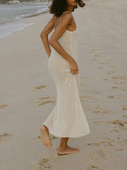 Elegant Crochet Hollow Flared Hem Spaghetti Strap Maxi Dress