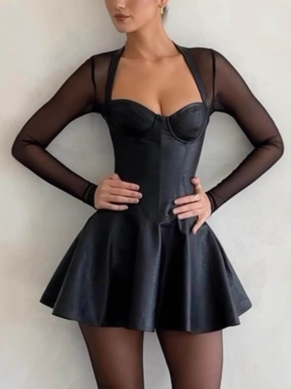 Sexy Long-Sleeved Mesh Patchwork Elastic Zipper Dress