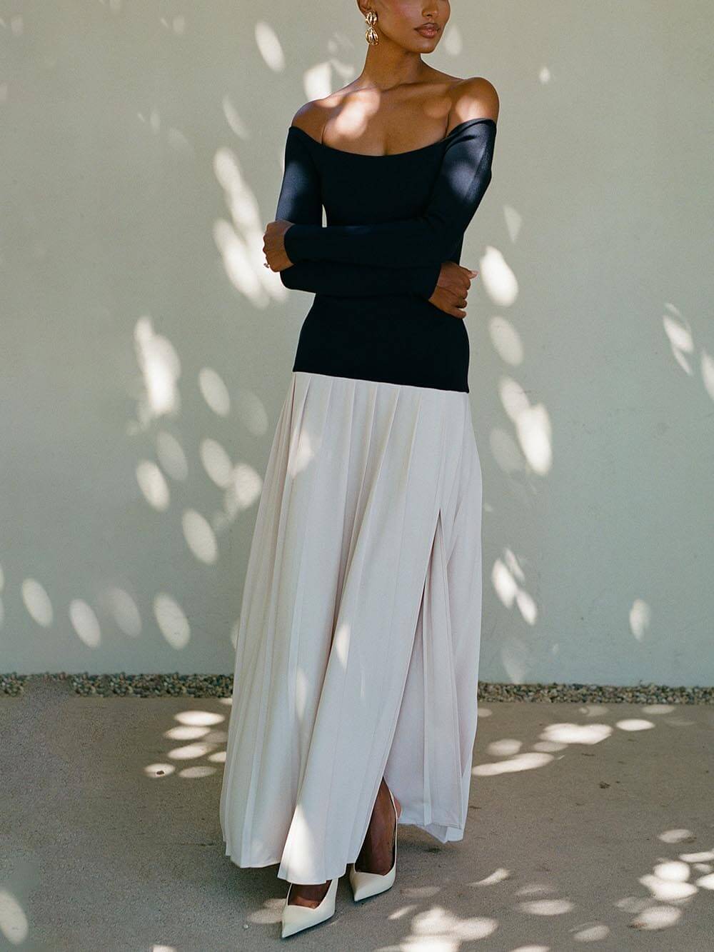 Elegant Two-Tone Stitching Slit Off-Shoulder Maxi Dress