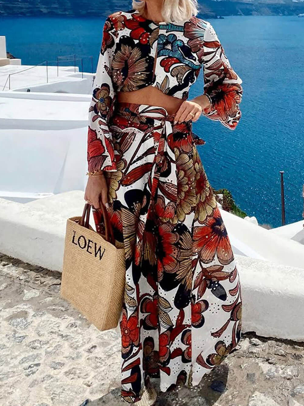 Unique Colorful Print Navel-Baring Lace-Up Maxi Dress