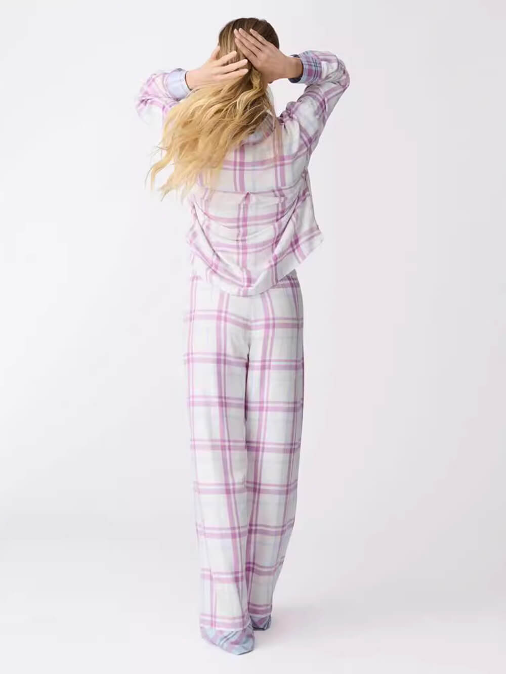 Casual Plaid Printed Shirt Lace-up Pants Pajama Set