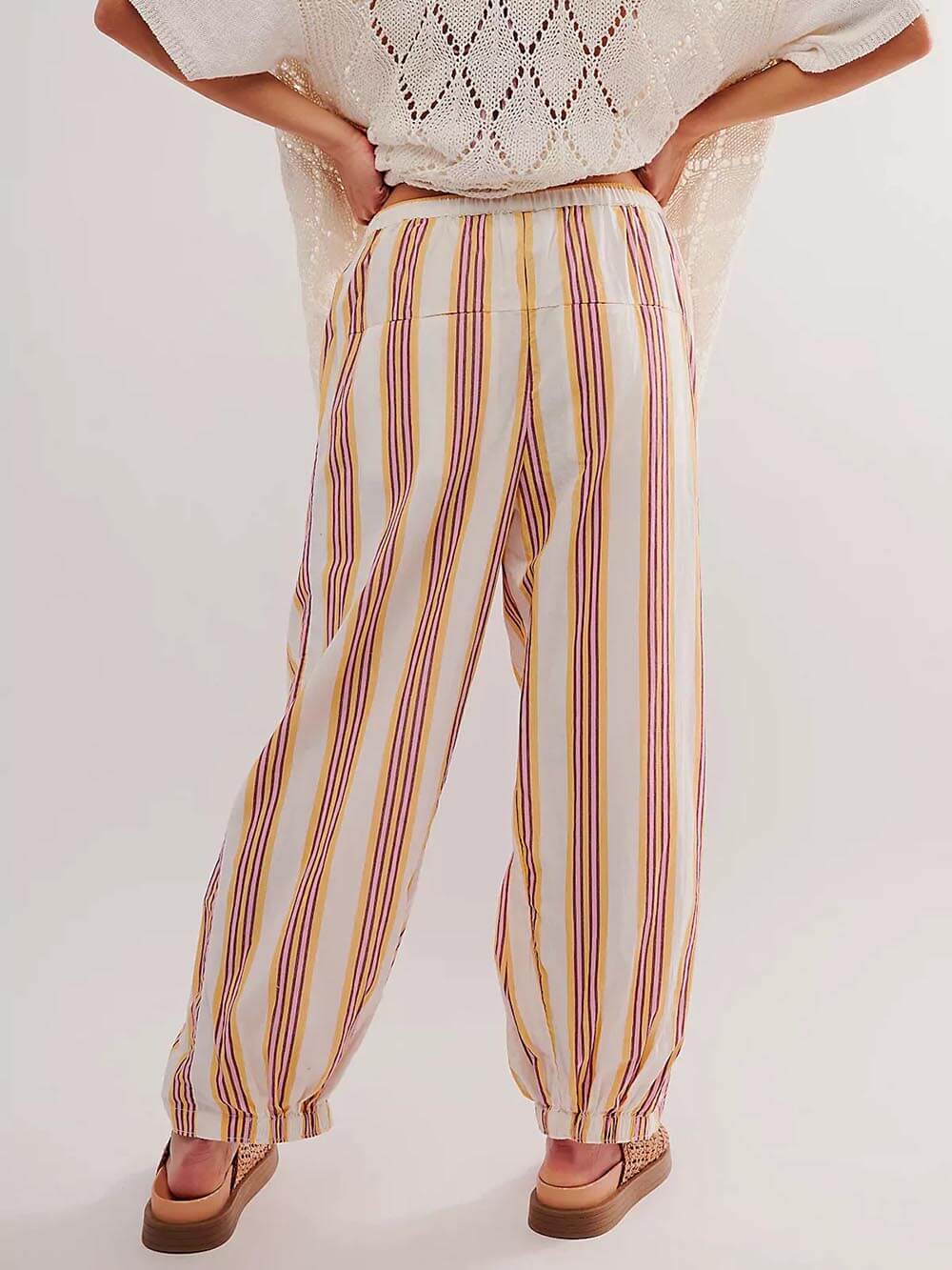 Classic Stripe Print Elastic Cuff Carrot Pants