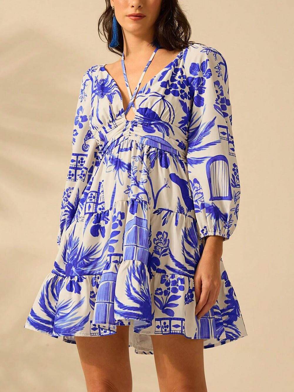 Fashionable And Versatile Flower Bouquet Print Lantern Sleeve Tie Dress