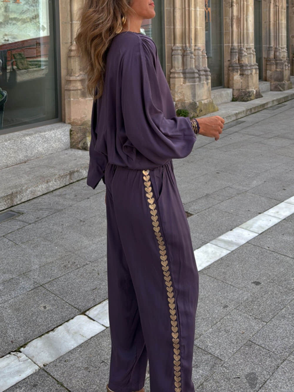 Modern Feel Unique Gold Trim And Elastic Cuffs V-Neck Top