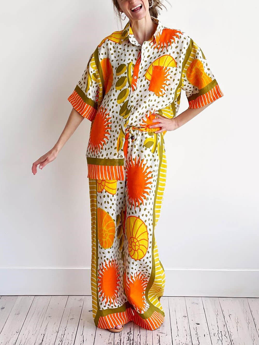 Casual Unique Satin Sun Print Loose Button Down Oversized Shirt