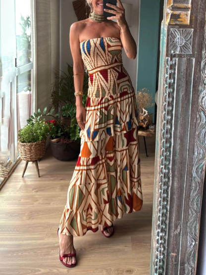 Chic Perfect Style Unique Floral Print Elastic Bandeau Maxi Dress