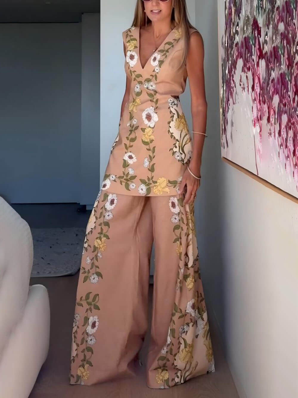 Chic Perfect Style Linen Blend Floral Midi Sleeveless Top