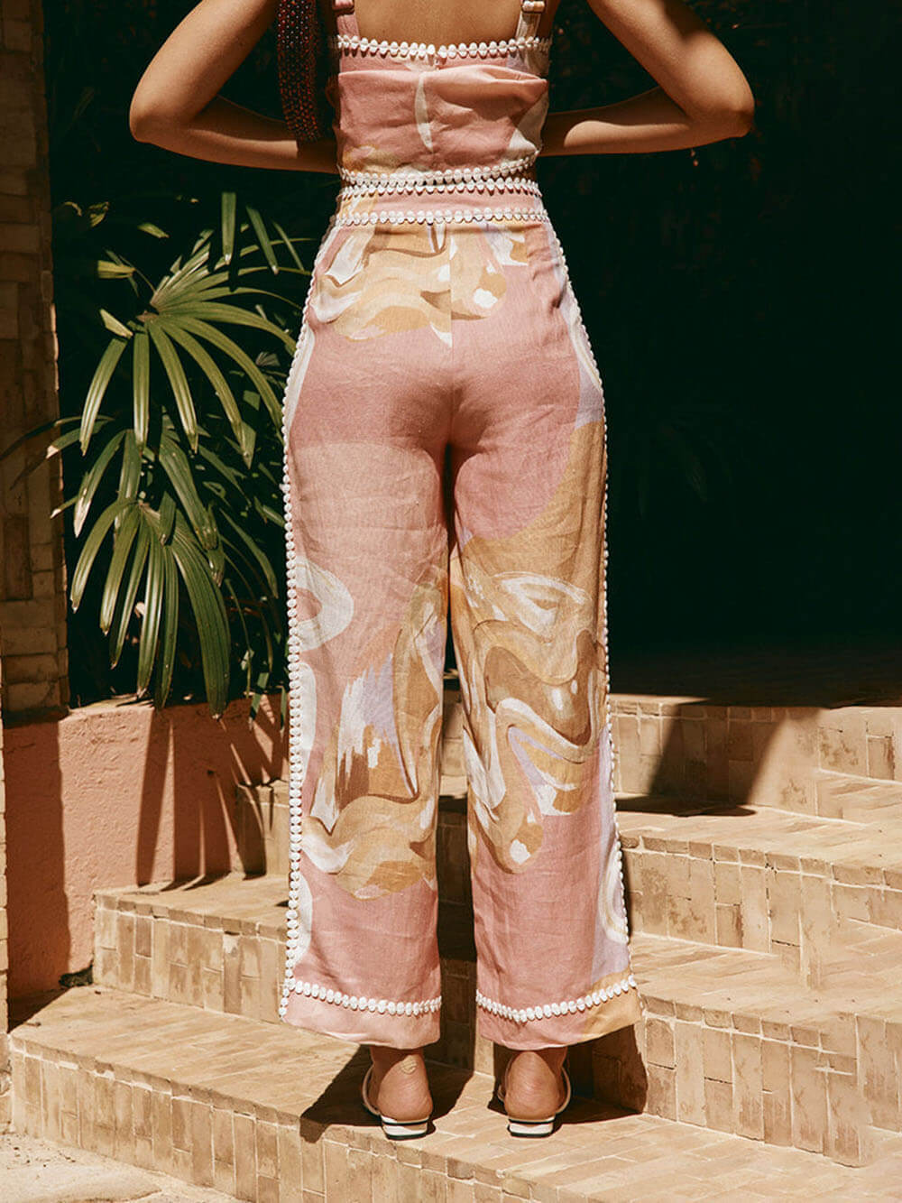 Summer Linen Blend Flowers Trims High Rise Pocket Loose Pants