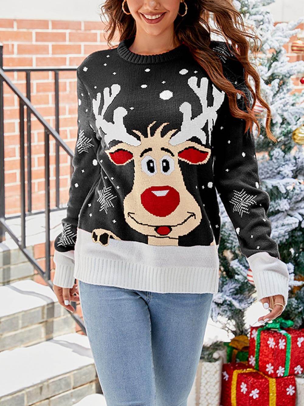 Lazy Style Christmas Reindeer Jacquard Pullover Knitted Sweater