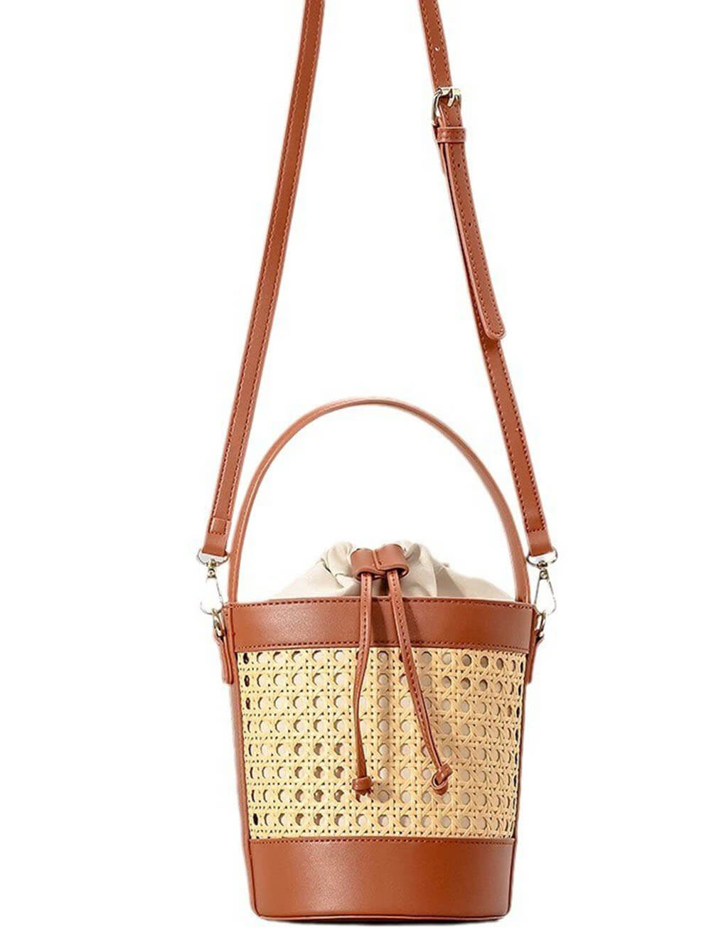 Beach Holiday Hollow Hand-Woven Rattan Drawstring Bucket Bag