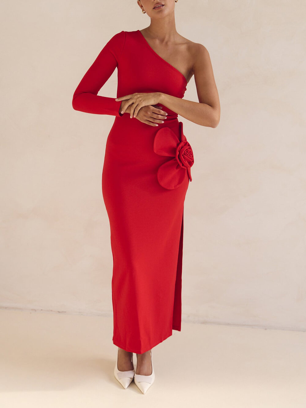 Exquisite One-Shoulder Neckline Flower Decoration Side Slit Prom Maxi Dress