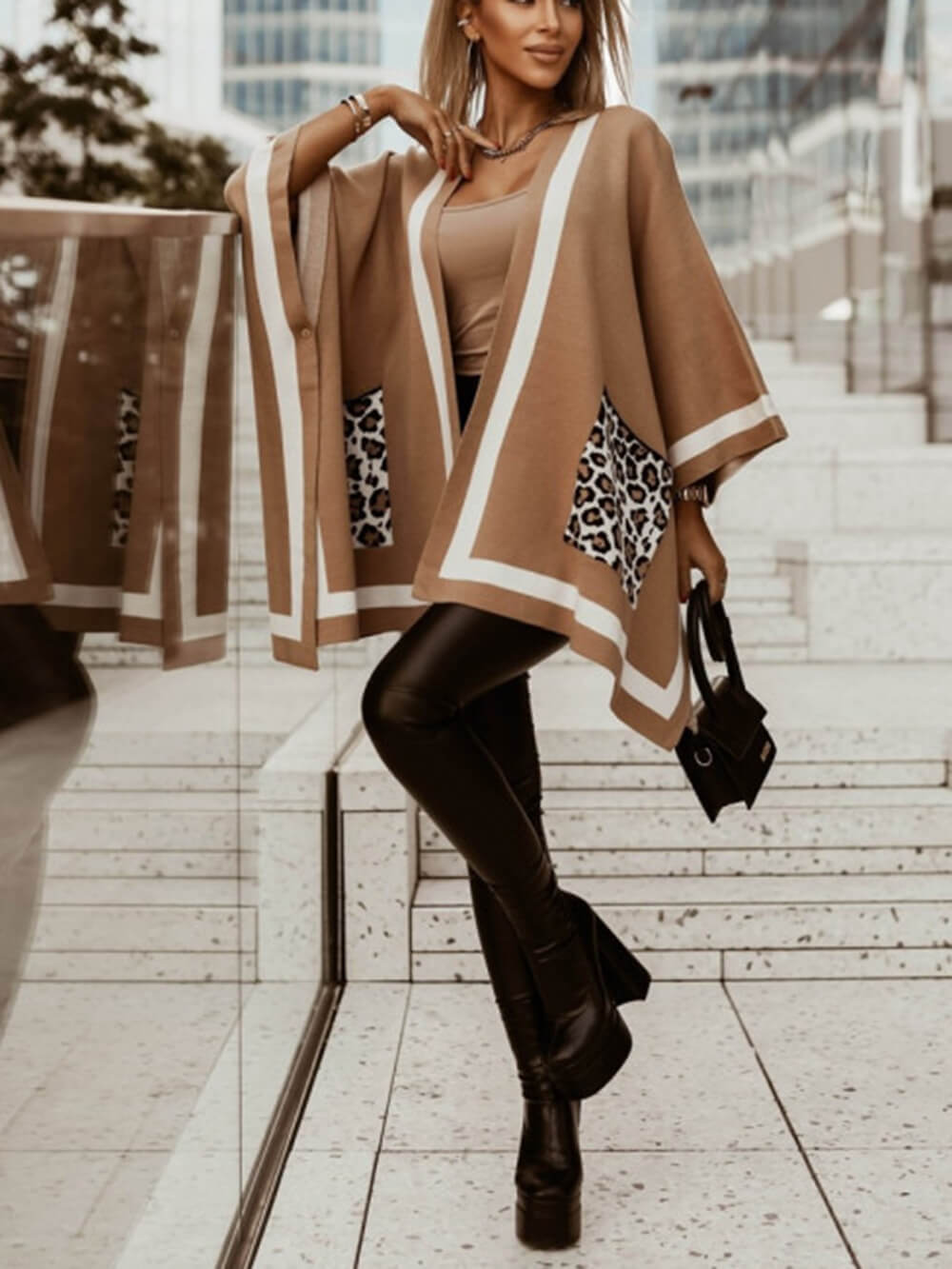 Unique Color Block Leopard Pocket Oversized Cape Sweater Cardigan
