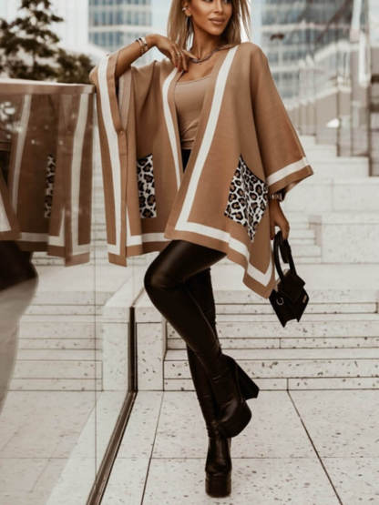 Unique Color Block Leopard Pocket Oversized Cape Sweater Cardigan
