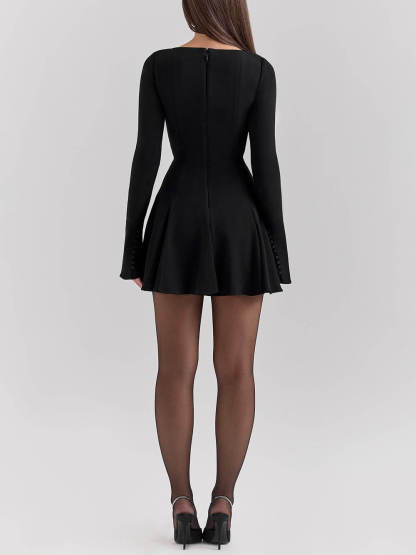 Retro Luxury Black Stretch High Waist Mini Dress
