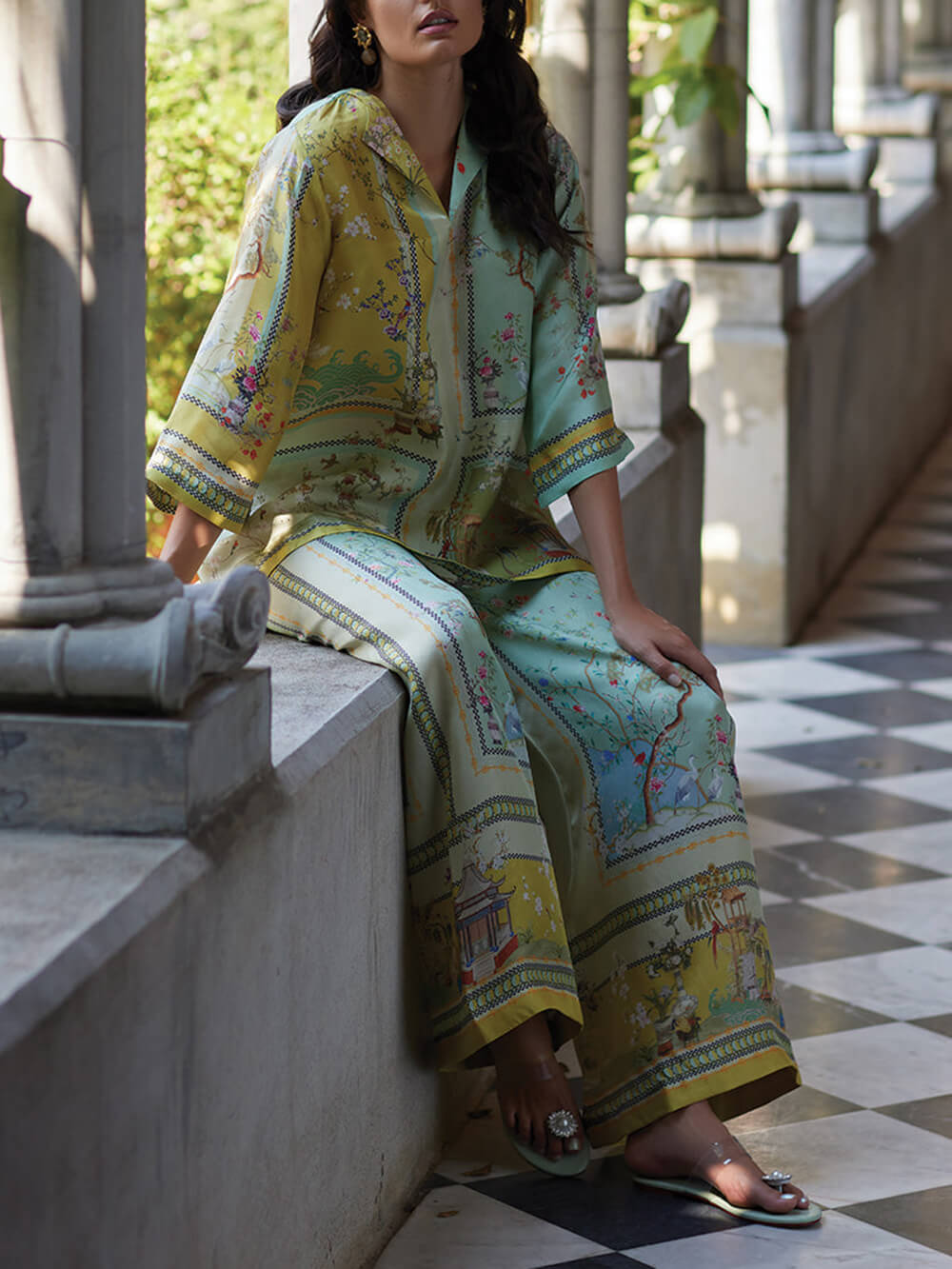 Casual Unique Digital Print Loose Elastic Waist Pocket Wide Leg Pants