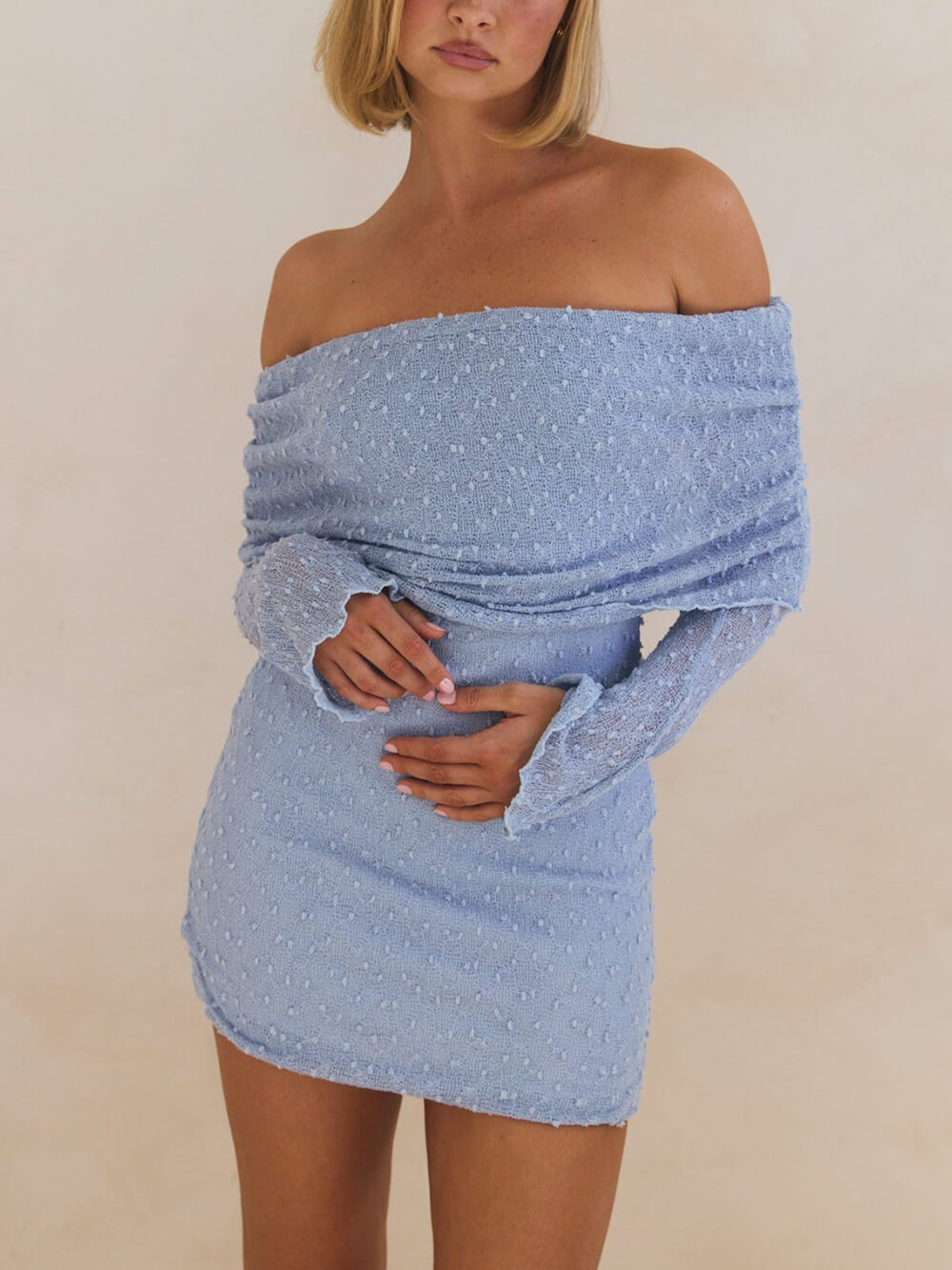 Summer Boucle Knit Off-The-Shoulder Neckline Prom Mini Dress